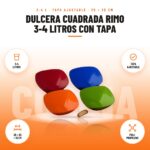 Dulcera Cuadrada Rimo 3-4 Litros con Tapa: imagen promocional con 3-4 litros, tapa ajustable, 25 × 25 × 15 cm, poli- propileno