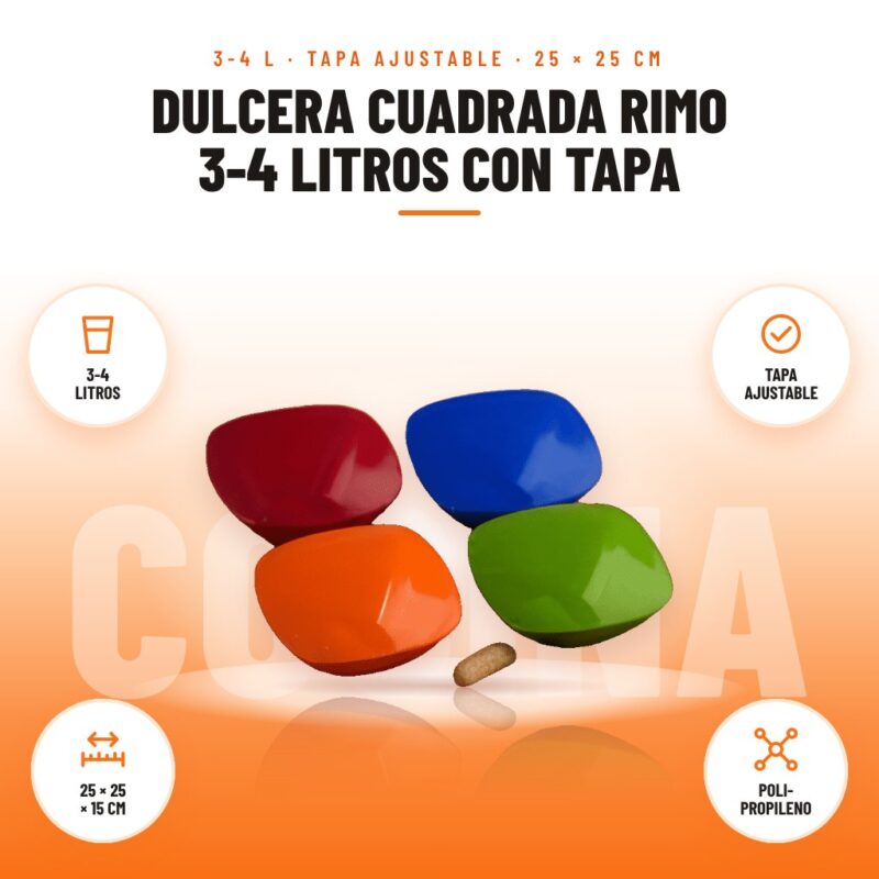 Dulcera Cuadrada Rimo 3-4 Litros con Tapa: imagen promocional con 3-4 litros, tapa ajustable, 25 × 25 × 15 cm, poli- propileno