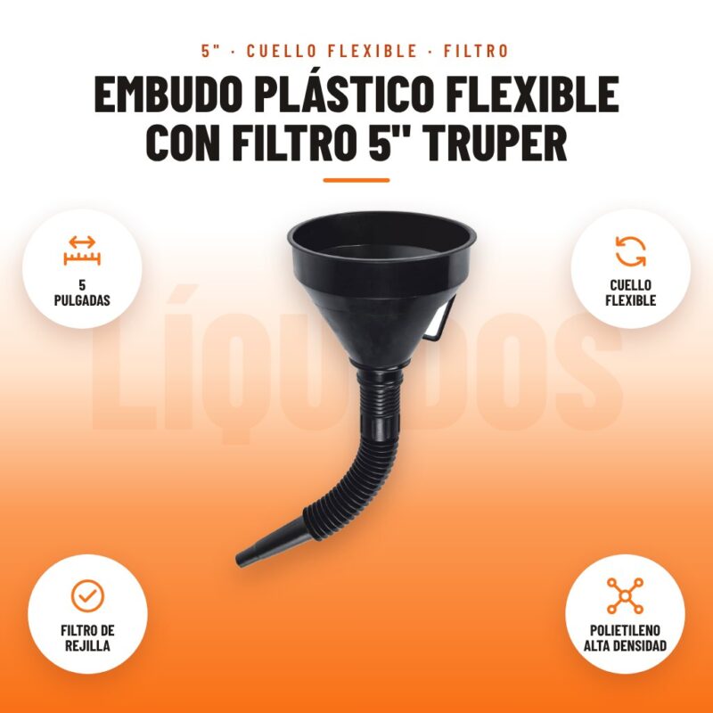 Embudo plástico flexible con filtro 5" Truper: imagen promocional con 5 pulgadas, cuello flexible, filtro de rejilla, polietileno alta densidad