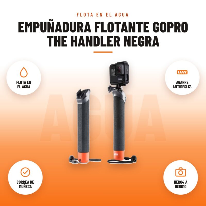 Empuñadura Flotante GoPro The Handler Negra: imagen promocional con flota en el agua, agarre antidesliz., correa de muñeca, hero4 a hero10