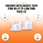 Enchufe Inteligente Tapo P100 Wi-Fi TP-Link Mini Pack x2: imagen promocional con wi-fi 2,4 ghz, app tapo, programa horarios, alexa y google
