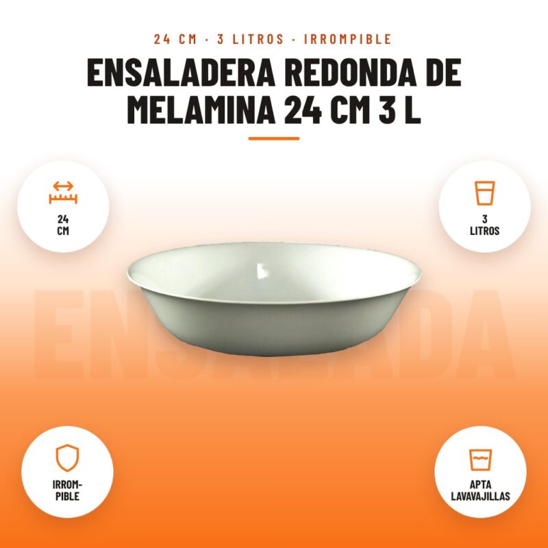 Ensaladera Redonda de Melamina 24 cm 3 L: imagen promocional con 24 cm, 3 litros, irrom- pible, apta lavavajillas