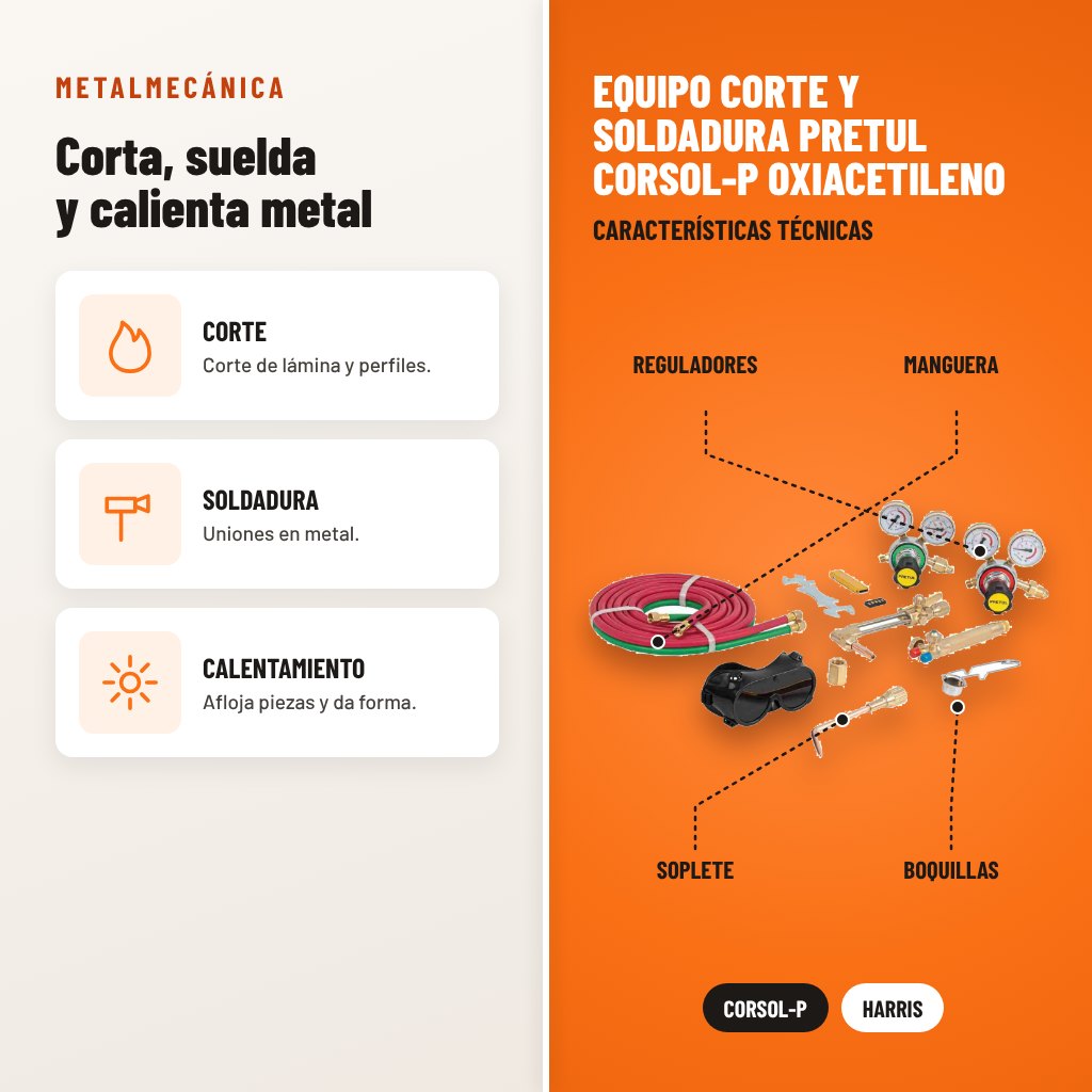 Equipo Corte y Soldadura Pretul CORSOL-P Oxiacetileno: usos y características técnicas señaladas