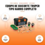 Equipo de Oxicorte Truper Tipo Harris Completo: imagen promocional con soplete tipo harris, 2 reguladores, mangueras 4,5 m, estuche metálico
