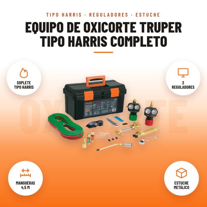 Equipo de Oxicorte Truper Tipo Harris Completo: imagen promocional con soplete tipo harris, 2 reguladores, mangueras 4,5 m, estuche metálico