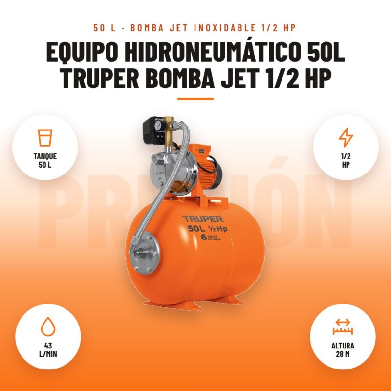 Equipo Hidroneumático 50L Truper Bomba Jet 1/2 HP: imagen promocional con tanque 50 l, 1/2 hp, 43 l/min, altura 28 m