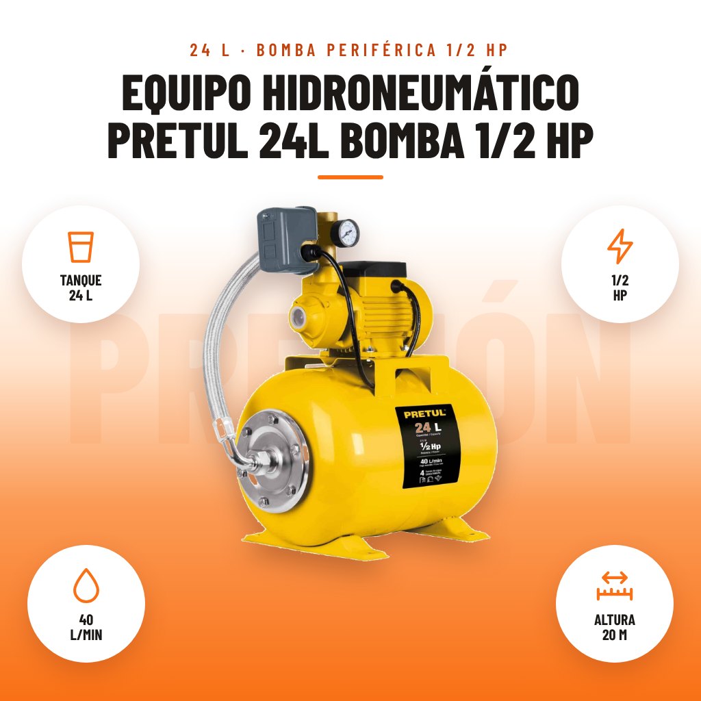 Equipo Hidroneumático Pretul 24L Bomba 1/2 HP: imagen promocional con tanque 24 l, 1/2 hp, 40 l/min, altura 20 m