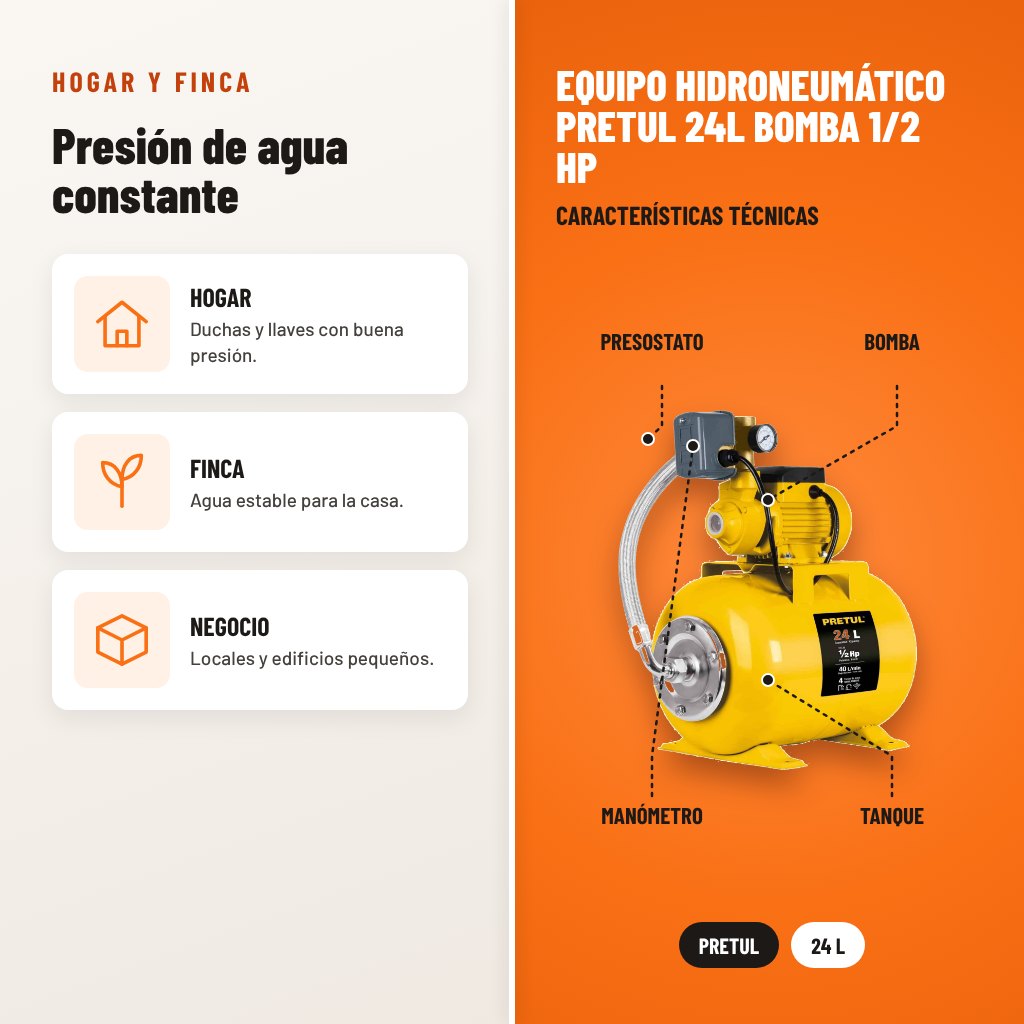 Equipo Hidroneumático Pretul 24L Bomba 1/2 HP: usos y características técnicas señaladas