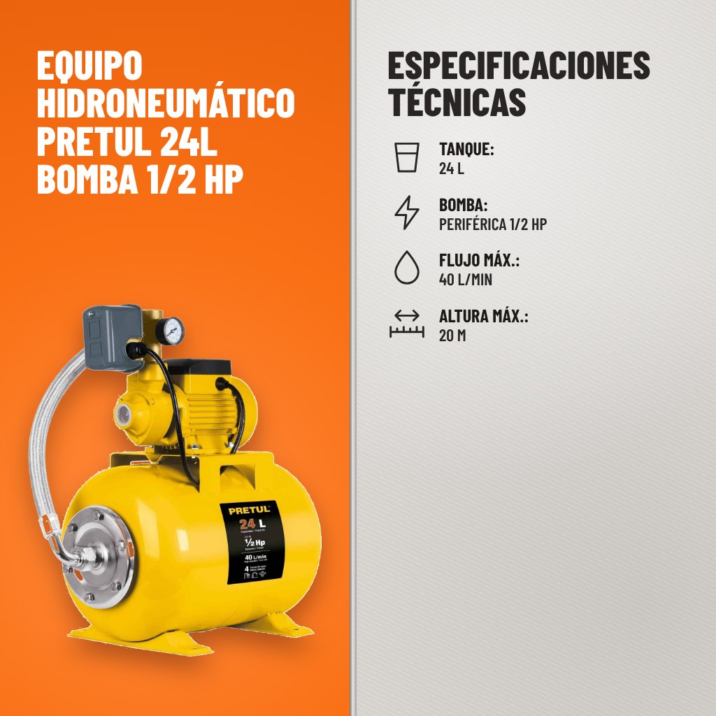 Especificaciones técnicas de Equipo Hidroneumático Pretul 24L Bomba 1/2 HP