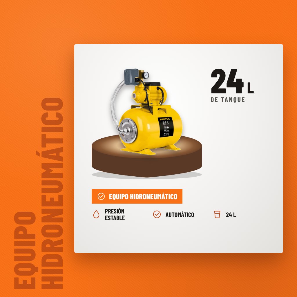 Equipo Hidroneumático Pretul 24L Bomba 1/2 HP sobre soporte con sus beneficios principales