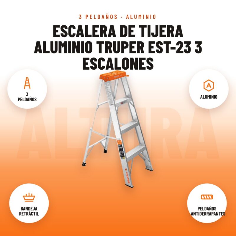Escalera de Tijera Aluminio Truper EST-23 3 Escalones: imagen promocional con 3 peldaños, aluminio, bandeja retráctil, peldaños antiderrapantes