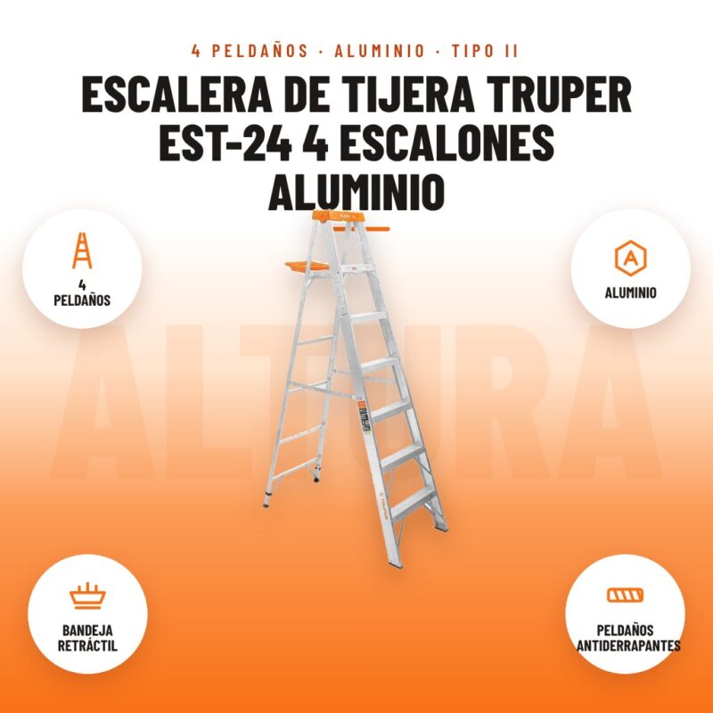 Escalera de Tijera Truper EST-24 4 Escalones Aluminio: imagen promocional con 4 peldaños, aluminio, bandeja retráctil, peldaños antiderrapantes