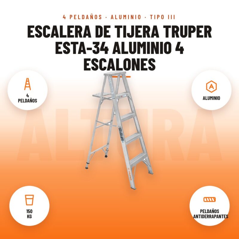 Escalera de Tijera Truper ESTA-34 Aluminio 4 Escalones: imagen promocional con 4 peldaños, aluminio, 150 kg, peldaños antiderrapantes