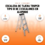 Escalera de Tijera Truper Tipo III de 3 Escalones en Aluminio: imagen promocional con 3 escalones, aluminio liviano, peldaños de 7 cm, doble refuerzo