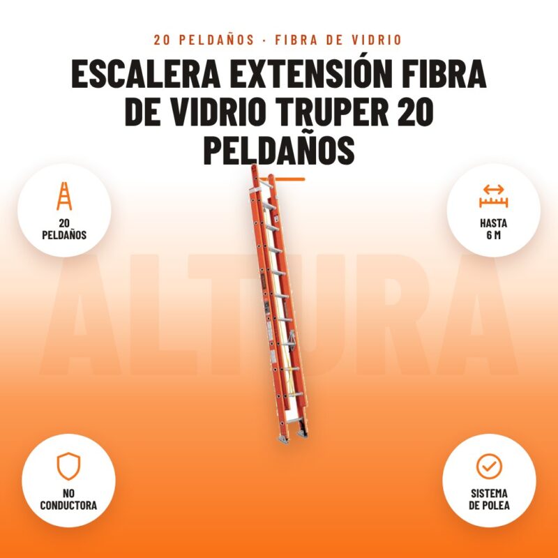 Escalera Extensión Fibra de Vidrio Truper 20 Peldaños: imagen promocional con 20 peldaños, hasta 6 m, no conductora, sistema de polea