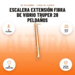 Escalera Extensión Fibra de Vidrio Truper 28 Peldaños: imagen promocional con 28 peldaños, hasta 8,4 m, no conductora, sistema de polea