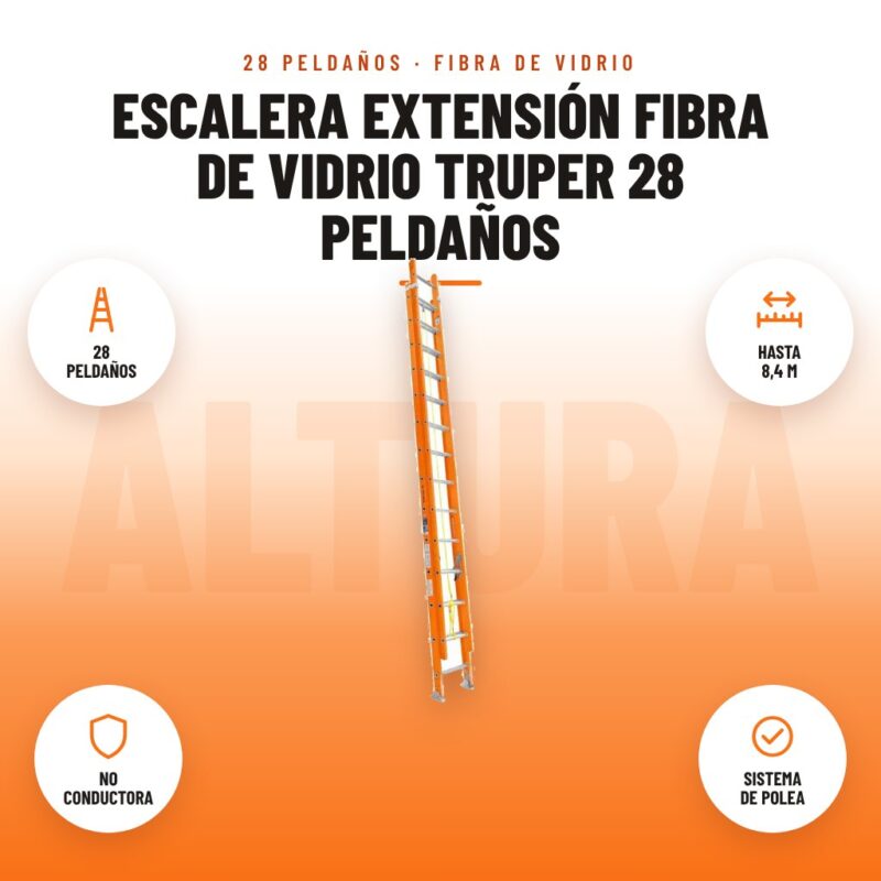 Escalera Extensión Fibra de Vidrio Truper 28 Peldaños: imagen promocional con 28 peldaños, hasta 8,4 m, no conductora, sistema de polea