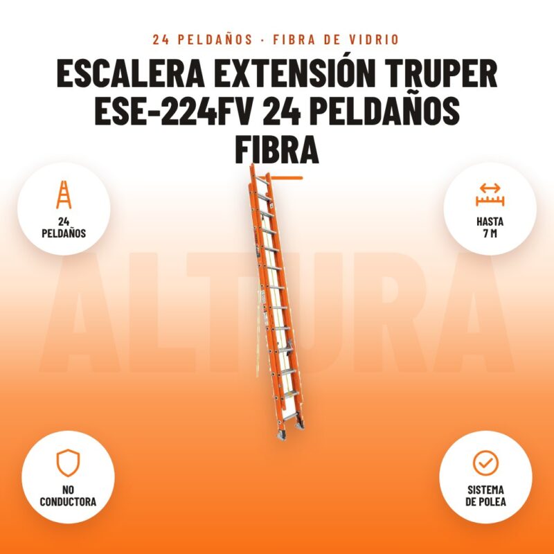 Escalera Extensión Truper ESE-224FV 24 Peldaños Fibra: imagen promocional con 24 peldaños, hasta 7 m, no conductora, sistema de polea