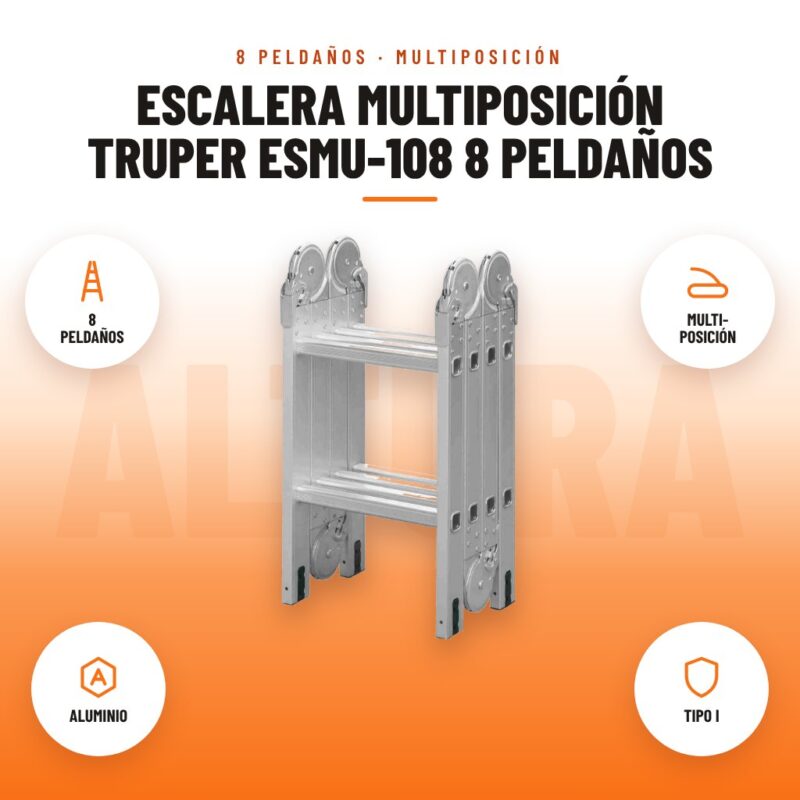 Escalera Multiposición Truper ESMU-108 8 Peldaños: imagen promocional con 8 peldaños, multi- posición, aluminio, tipo i