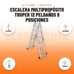 Escalera Multipropósito Truper 12 Peldaños 9 Posiciones: imagen promocional con 12 peldaños, 9 posiciones, 200 kg, aluminio