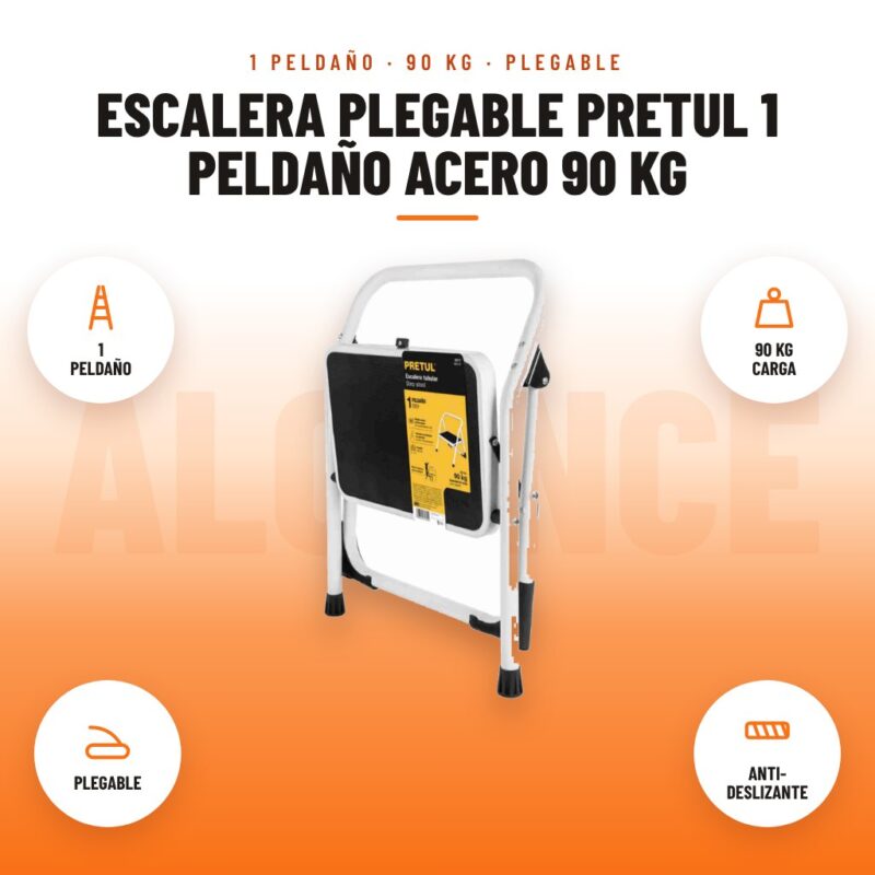 Escalera Plegable Pretul 1 Peldaño Acero 90 kg: imagen promocional con 1 peldaño, 90 kg carga, plegable, anti- deslizante