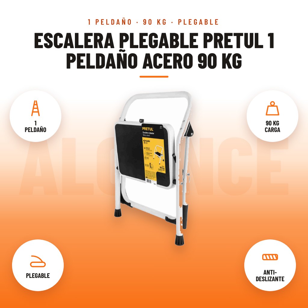 Escalera Plegable Pretul 1 Peldaño Acero 90 kg: imagen promocional con 1 peldaño, 90 kg carga, plegable, anti- deslizante