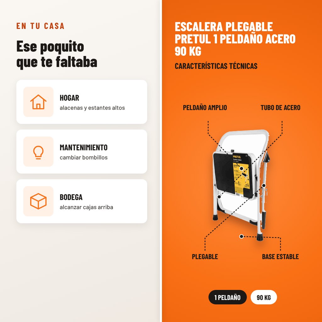 Escalera Plegable Pretul 1 Peldaño Acero 90 kg: usos y características técnicas señaladas