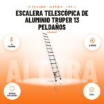 Escalera Telescópica de Aluminio Truper 13 Peldaños: imagen promocional con 13 peldaños, aluminio, seguros deslizantes, tipo ii