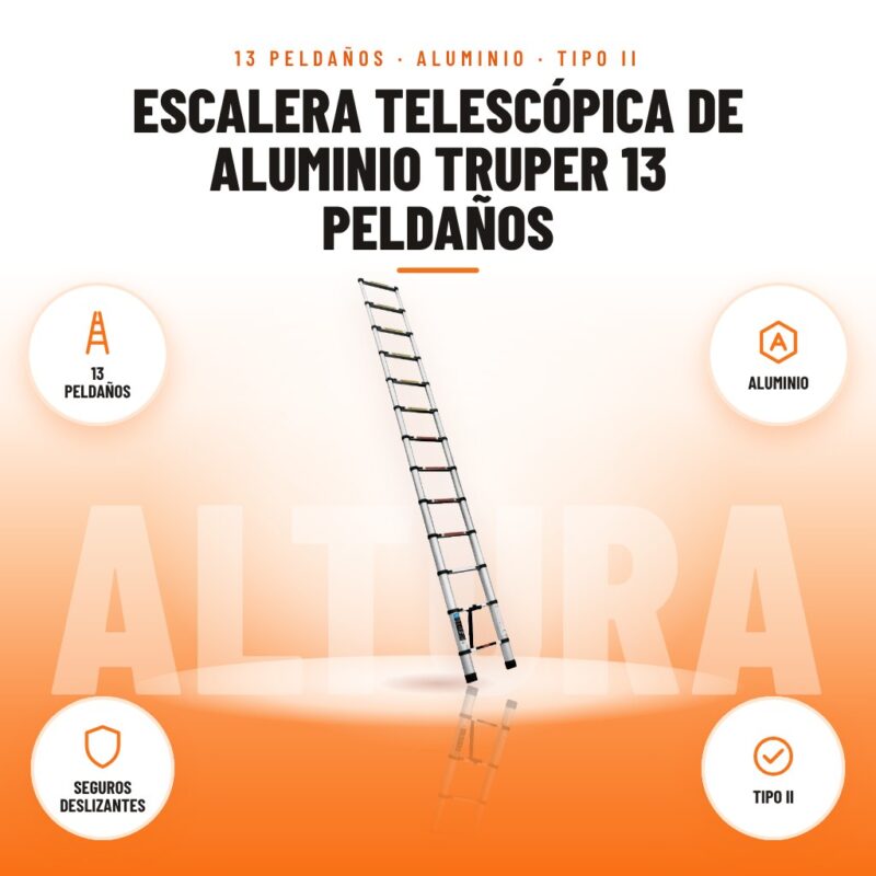 Escalera Telescópica de Aluminio Truper 13 Peldaños: imagen promocional con 13 peldaños, aluminio, seguros deslizantes, tipo ii