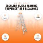 Escalera Tijera Aluminio Truper EST-26 6 Escalones: imagen promocional con 6 peldaños, aluminio, bandeja retráctil, peldaños antiderrapantes
