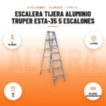 Escalera Tijera Aluminio Truper ESTA-35 5 Escalones: imagen promocional con 5 peldaños, aluminio, 150 kg, peldaños antiderrapantes