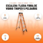 Escalera Tijera Fibra de Vidrio Truper 5 Peldaños: imagen promocional con 5 peldaños, no conductora, 175 kg, peldaños antiderrapantes