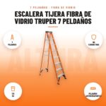 Escalera Tijera Fibra de Vidrio Truper 7 Peldaños: imagen promocional con 7 peldaños, no conductora, 175 kg, peldaños antiderrapantes