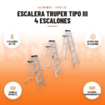 Escalera Truper Tipo III de 4 escalones en aluminio con iconos de peldaños de 7 cm, estructura de aluminio, bandeja retráctil y peldaños antiderrapantes