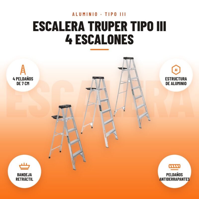 Escalera Truper Tipo III de 4 escalones en aluminio con iconos de peldaños de 7 cm, estructura de aluminio, bandeja retráctil y peldaños antiderrapantes