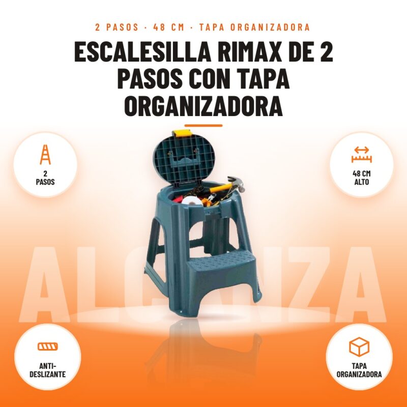 Escalesilla Rimax de 2 Pasos con Tapa Organizadora: imagen promocional con 2 pasos, 48 cm alto, anti- deslizante, tapa organizadora