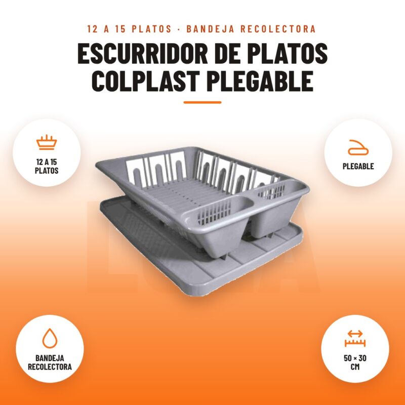 Escurridor de Platos Colplast Plegable: imagen promocional con 12 a 15 platos, plegable, bandeja recolectora, 50 × 30 cm