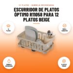 Escurridor de Platos Óptimo R11058 para 12 Platos Beige: imagen promocional con 12 platos, porta- cubiertos, bandeja recogeagua, plástico virgen