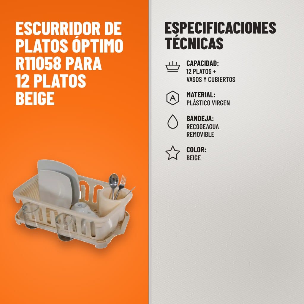 Especificaciones técnicas de Escurridor de Platos Óptimo R11058 para 12 Platos Beige