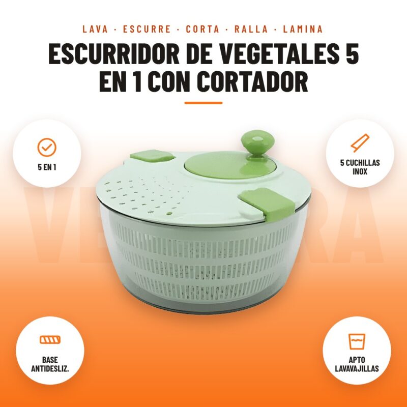 Escurridor de Vegetales 5 en 1 con Cortador: imagen promocional con 5 en 1, 5 cuchillas inox, base antidesliz., apto lavavajillas