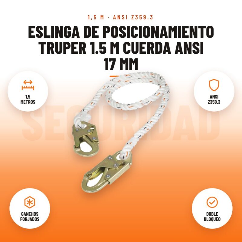 Eslinga de posicionamiento Truper 1.5 m cuerda ANSI 17 mm: imagen promocional con 1,5 metros, ansi z359.3, ganchos forjados, doble bloqueo