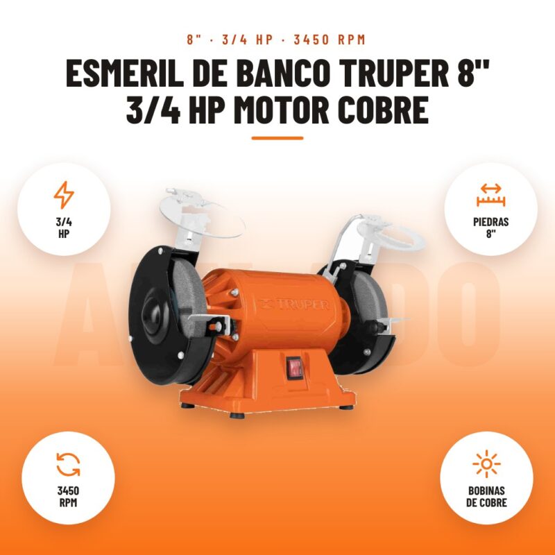 Esmeril de Banco Truper 8" 3/4 HP Motor Cobre: imagen promocional con 3/4 hp, piedras 8", 3450 rpm, bobinas de cobre