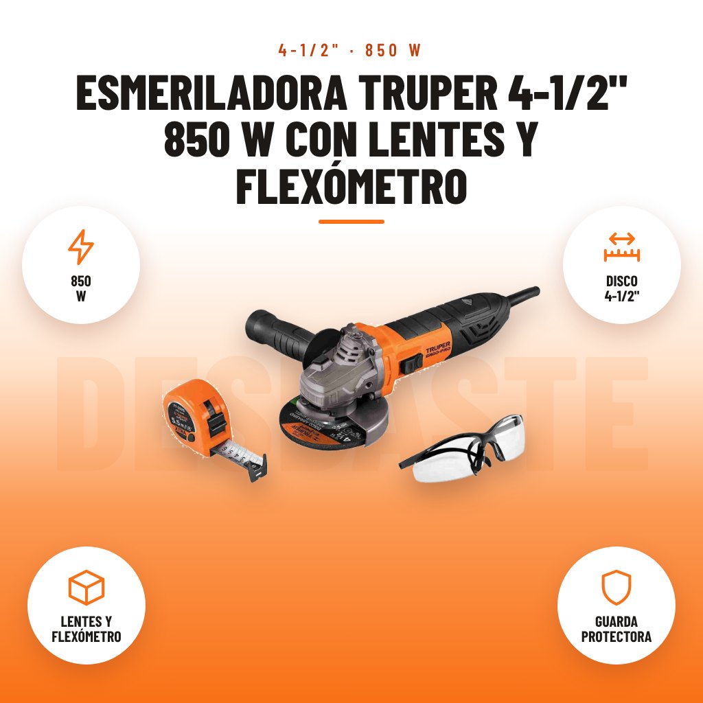 Esmeriladora Truper 4-1/2" 850 W con Lentes y Flexómetro: imagen promocional con 850 w, disco 4-1/2", lentes y flexómetro, guarda protectora