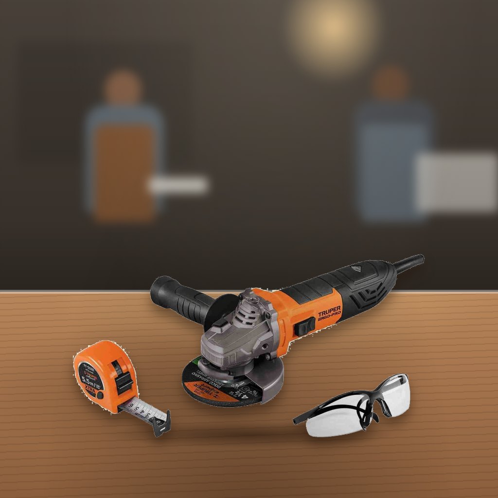 Esmeriladora Truper 4-1/2" 850 W con Lentes y Flexómetro en un taller