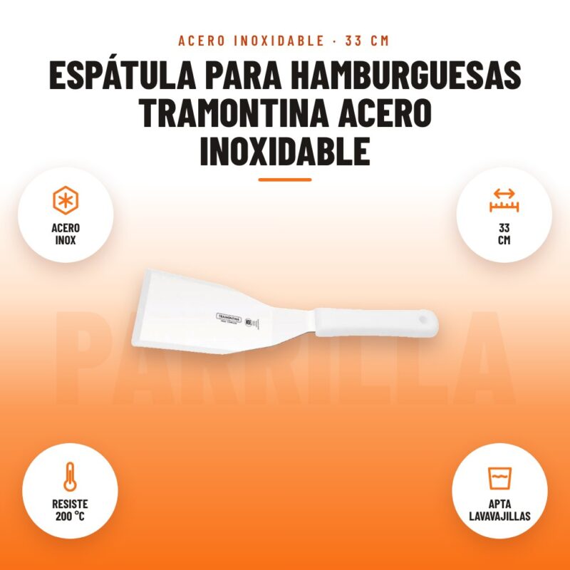 Espátula para Hamburguesas Tramontina Acero Inoxidable: imagen promocional con acero inox, 33 cm, resiste 200 °c, apta lavavajillas
