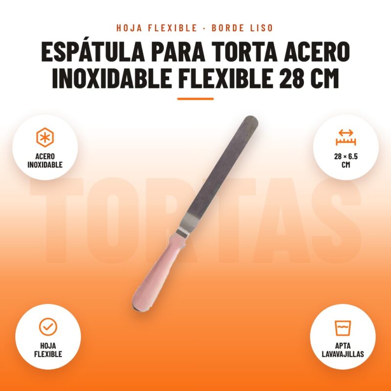 Espátula para Torta Acero Inoxidable Flexible 28 cm: imagen promocional con acero inoxidable, 28 × 6.5 cm, hoja flexible, apta lavavajillas