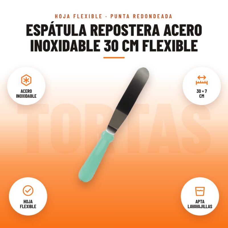 Espátula Repostera Acero Inoxidable 30 cm Flexible: imagen promocional con acero inoxidable, 30 × 7 cm, hoja flexible, apta lavavajillas
