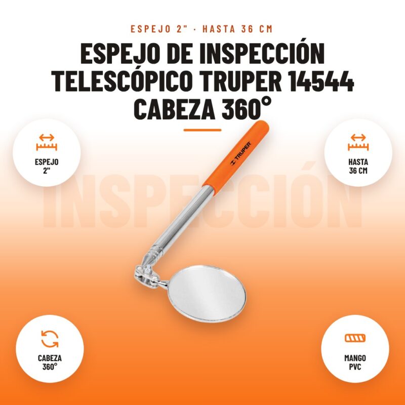Espejo de Inspección Telescópico Truper 14544 Cabeza 360°: imagen promocional con espejo 2", hasta 36 cm, cabeza 360°, mango pvc