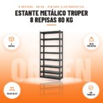 Estante Metálico Truper 8 Repisas 80 kg: imagen promocional con 8 repisas, 80 kg por repisa, 180×85×30 cm, sin tornillos