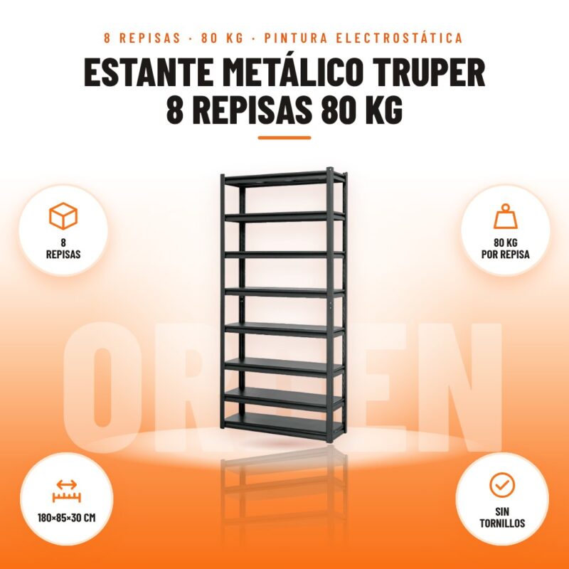 Estante Metálico Truper 8 Repisas 80 kg: imagen promocional con 8 repisas, 80 kg por repisa, 180×85×30 cm, sin tornillos